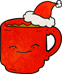 hand drawn textured cartoon of a coffee mug wearing santa hat