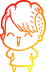 warm gradient line drawing of a cartoon happy hipster girl
