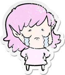 distressed sticker of a cartoon crying elf girl
