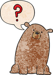 cartoon curious bear with speech bubble in retro texture style