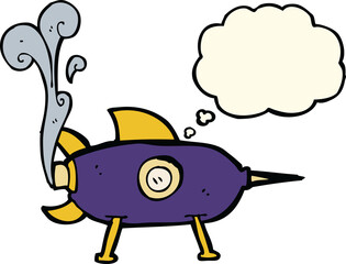 cartoon space rocket with thought bubble