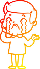 warm gradient line drawing of a cartoon man crying