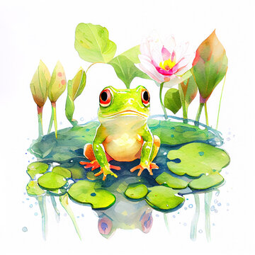 Watercolor cute frog on the pond with lotus flowers, isolated on white background, ai generation