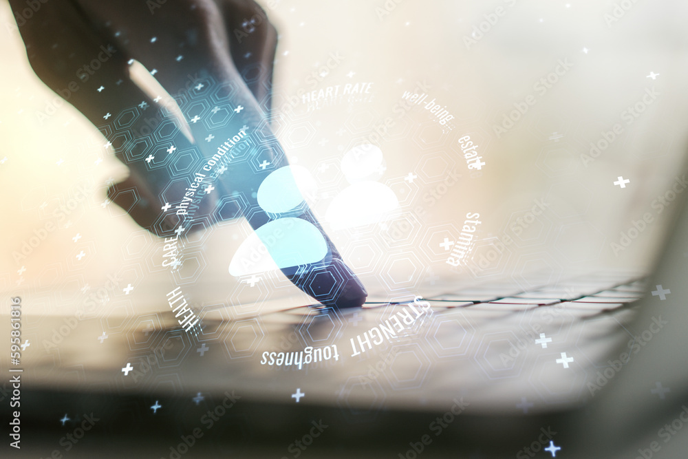 Poster creative abstract people icons sketch and hands typing on computer keyboard on background, life and 