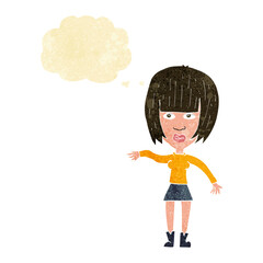 cartoon woman waving away with thought bubble