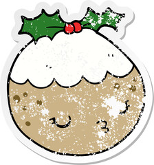 distressed sticker of a cute cartoon christmas pudding