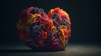 Warm woolen heart, symbol of love, made of colored wool yarn threads. Generative ai