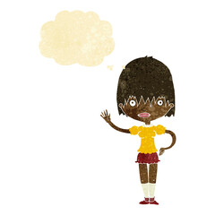 cartoon waving woman with thought bubble