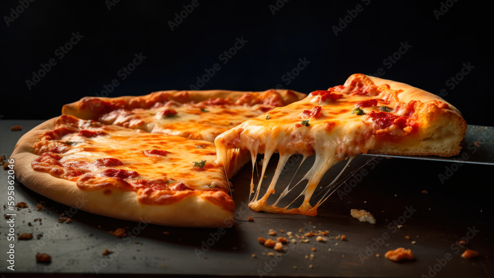Poster pizza with cheese on a dark background. tinting. selective focus generative ai