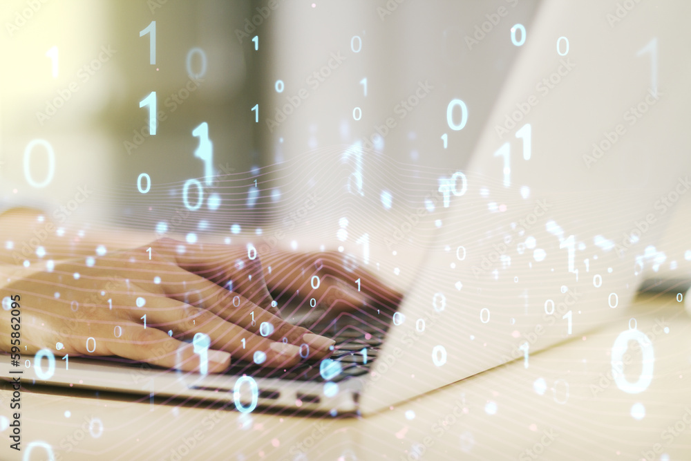 Fototapete creative abstract binary code hologram and hands typing on computer keyboard on background, ai and m