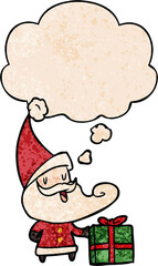 cartoon santa claus with thought bubble in grunge texture style