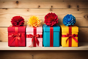 A group of colorful and vibrant gift boxes, each with a ribbon