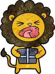 cartoon lion with christmas present