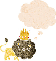 cartoon lion with crown with thought bubble in grunge distressed retro textured style