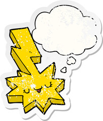 cartoon lightning strike with thought bubble as a distressed worn sticker