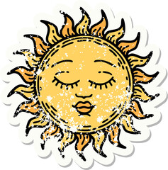 distressed sticker tattoo in traditional style of a sun