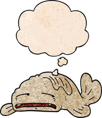 cartoon sad old fish with thought bubble in grunge texture style