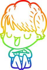rainbow gradient line drawing of a cartoon woman talking