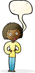 cartoon woman gesturing at self with speech bubble