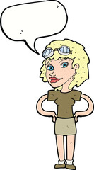 cartoon retro pilot woman with speech bubble