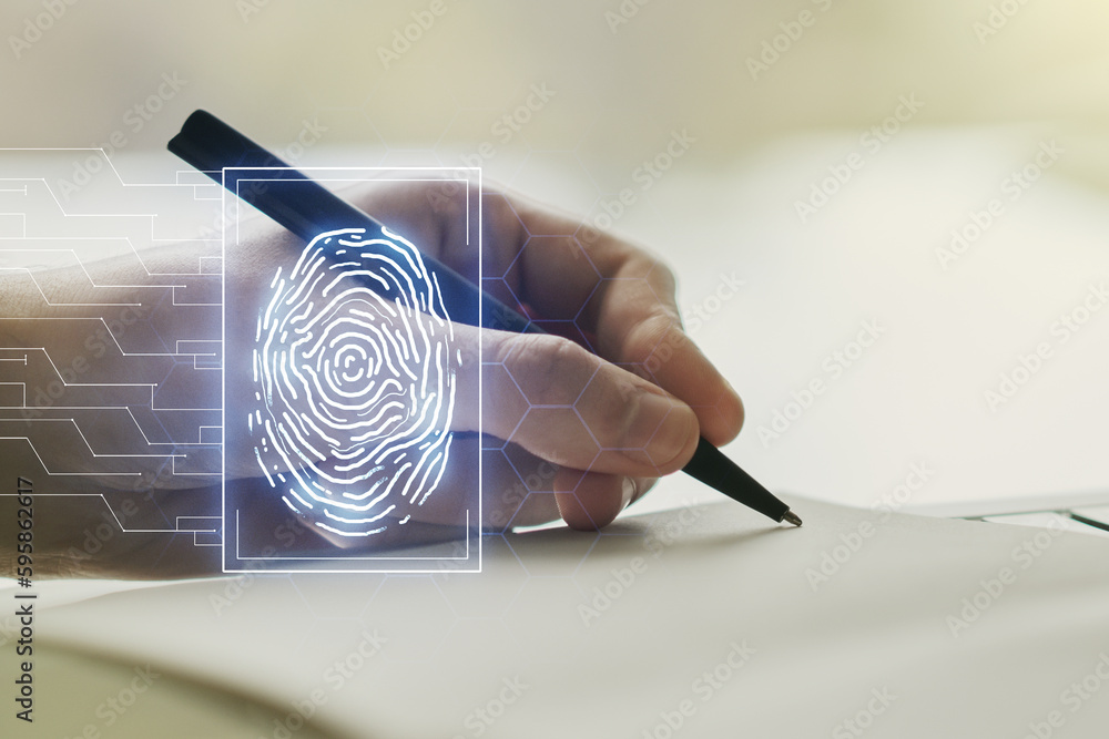 Poster Abstract creative fingerprint illustration with man hand writing in diary on background, personal biometric data concept. Multiexposure