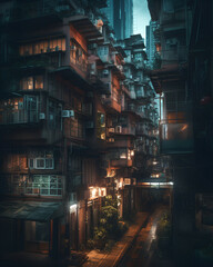 Fototapeta na wymiar Futuristic megacities: A dystropic cyberpunk city in sureal Hong Kong architecture, Generative AI