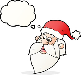 cartoon jolly santa claus face with thought bubble