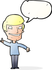 cartoon grinning man with idea with speech bubble