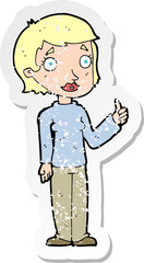 retro distressed sticker of a cartoon woman giving thumbs up symbol
