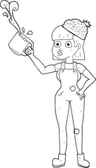 freehand drawn black and white cartoon female worker with coffee mug