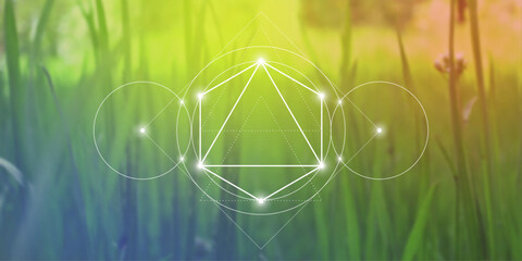 Merkaba. Sacred geometry spiritual new age futuristic illustration with transmutation interlocking circles, triangles and glowing particles