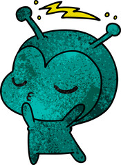 freehand drawn textured cartoon of a cute kawaii alien