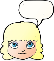 cartoon happy female face with speech bubble