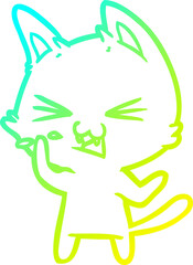 cold gradient line drawing of a cartoon cat hissing