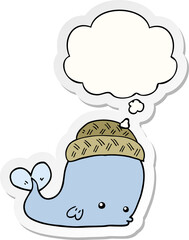 cartoon whale wearing hat with thought bubble as a printed sticker
