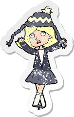 retro distressed sticker of a cartoon woman wearing winter hat