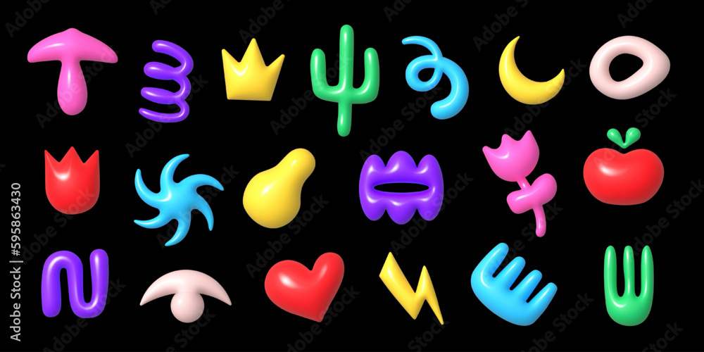 Poster set of 3d abstract simple shapes in cartoon plastic or clay style, vector isolated elements for y2k 