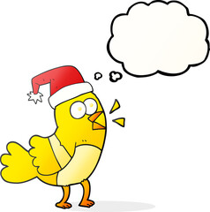 freehand drawn thought bubble cartoon bird wearing christmas hat