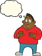 cartoon excited overweight man with thought bubble