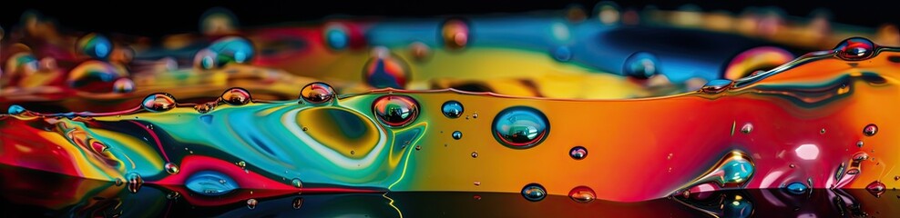 Obraz premium Panoramic image of transparent colorful oil drops closeup. Abstract background. Generative AI
