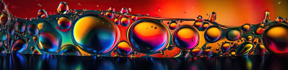 Panoramic image of transparent colorful oil drops closeup. Abstract background. Generative AI