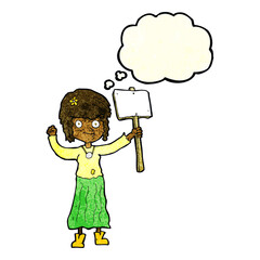 cartoon hippie girl with protest sign with thought bubble