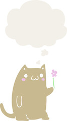 cute cartoon cat with flower with thought bubble in retro style