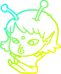 cold gradient line drawing of a pretty cartoon alien girl sitting