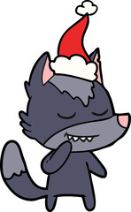 friendly hand drawn line drawing of a wolf wearing santa hat