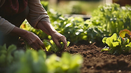 A gardener tending to a bountiful vegetable garden, using the healing power of nature to grow and nurture fresh and healthy produce, Created with generative Ai Technology.