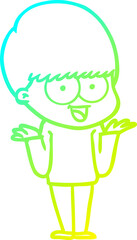 cold gradient line drawing of a happy cartoon boy