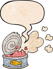 cartoon smelly can of fish with speech bubble in retro texture style