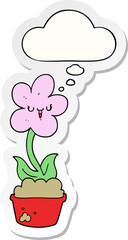 cute cartoon flower with thought bubble as a printed sticker