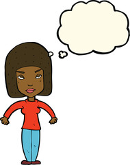 cartoon woman shrugging shoulders with thought bubble